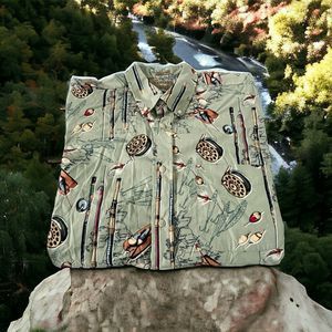 Natural Issue Fishing Fish Rod Reel Lure Button Front Shirt Size L Large Men's